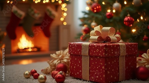 A festive red and gold Christmas present sits on a soft rug in front of a cozy fireplace, with a decorated Christmas tree in the background