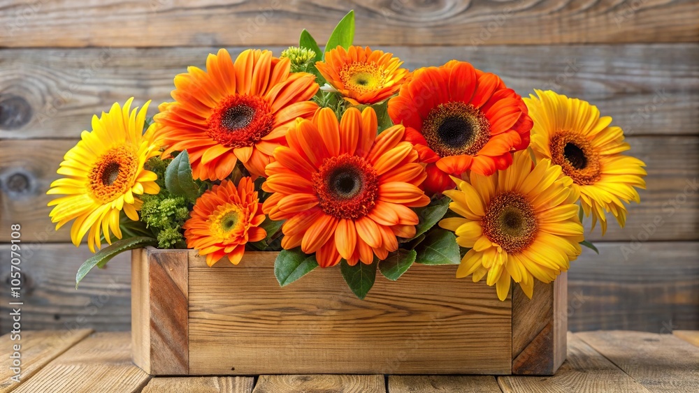 A stunning arrangement of bright orange gerbera daisies and yellow sunflowers in a modern wooden planter, flowers, modern home decor, flower arrangement ideas, nature A stunning arrangement of bright orange gerbera daisies and yellow sunflowers in a modern wooden planter, flowers, modern home decor, flower arrangement ideas, nature