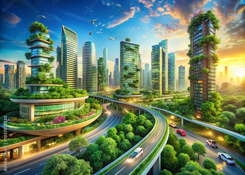 Fototapeta premium Future Vision Green City: A Long Exposure Perspective of Sustainable Urban Design and Innovation