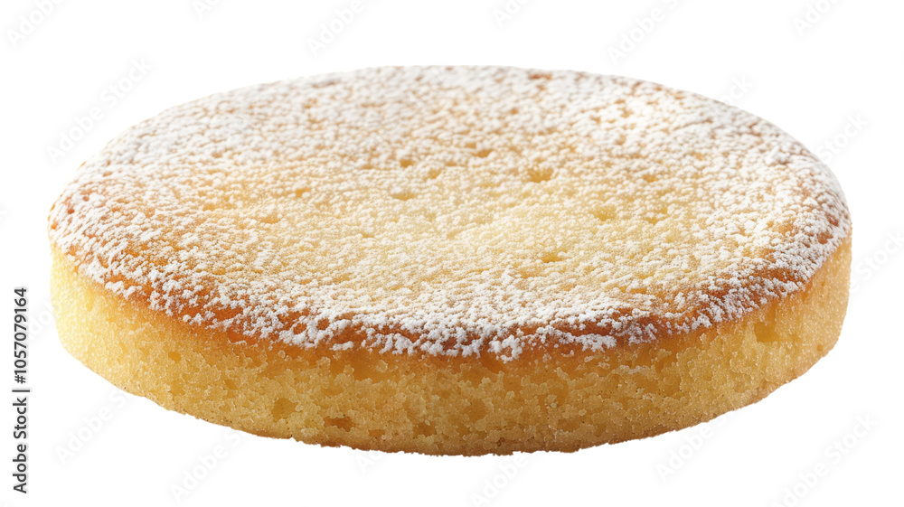 A round sponge cake dusted with confectioners' sugar, isolated against a empty background. A round sponge cake dusted with confectioners' sugar, isolated against a empty background.