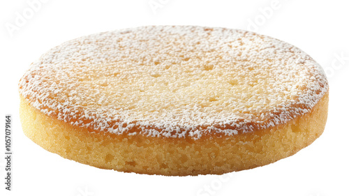 A round sponge cake dusted with confectioners' sugar, isolated against a empty background.