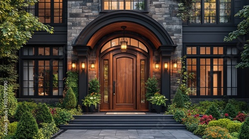 Elegant entrance of a modern home with lush landscaping.