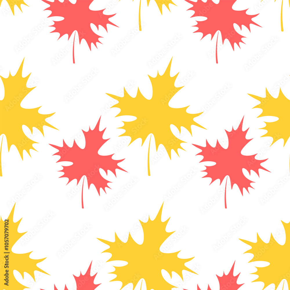 Maple leaf. Repeating vector pattern. Flat style. Isolated colorless background. Continuous ornament of yellow and red leaves. The leaf shape is crown-shaped. Idea for web design. Maple leaf. Repeating vector pattern. Flat style. Isolated colorless background. Continuous ornament of yellow and red leaves. The leaf shape is crown-shaped. Idea for web design.