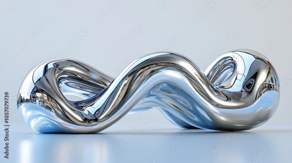 A chrome, abstract, infinity-shaped sculpture rests on a light gray surface against a light gray backdrop. A chrome, abstract, infinity-shaped sculpture rests on a light gray surface against a light gray backdrop.
