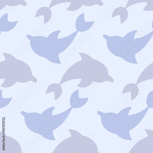 Lilac dolphin emerges from water. Blue sea mammal in reflection. Seamless vector pattern. Repeating ornament of sea mammals. Isolated light background. Flat style. Ocean inhabitant with fins and tail.