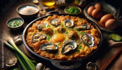 a plate of oyster pizza - oar luak omelette egg photo