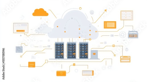 Cloud networking vector, illustrating cloud connections with digital servers, data flow arrows, and network lines