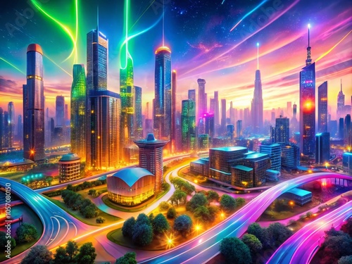 Futuristic Cityscape with Glowing Arteries of Light for Sustainable Fashion Photography