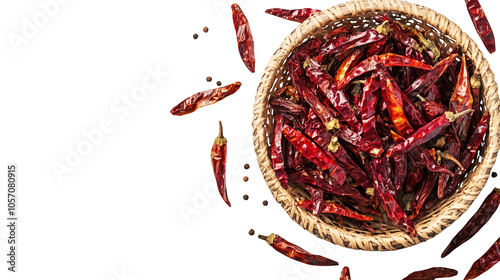 Vibrant dried red peppers in a rustic basket, colorful culinary ingredient for spicy dishes