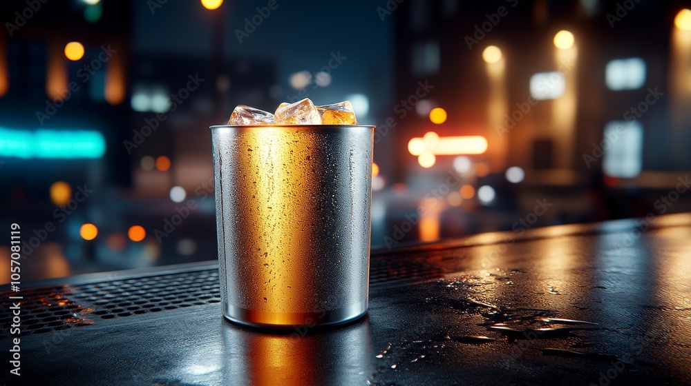 Cold Drink with Ice in a Metal Cup on a Bar Counter at Night with City Lights in the Background Cold Drink with Ice in a Metal Cup on a Bar Counter at Night with City Lights in the Background