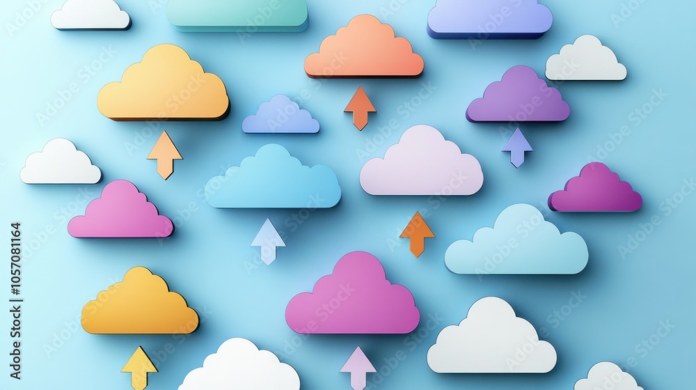 Cloud storage illustration, featuring cloud icons with data transfer arrows, secure and clean vector design
