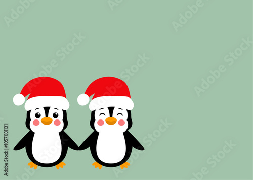 Tiempo de Navidad. Banner horizontal con pareja de pingüinos con sombrero de Santa Claus cogidos de la mano para tarjetas y felicitaciones