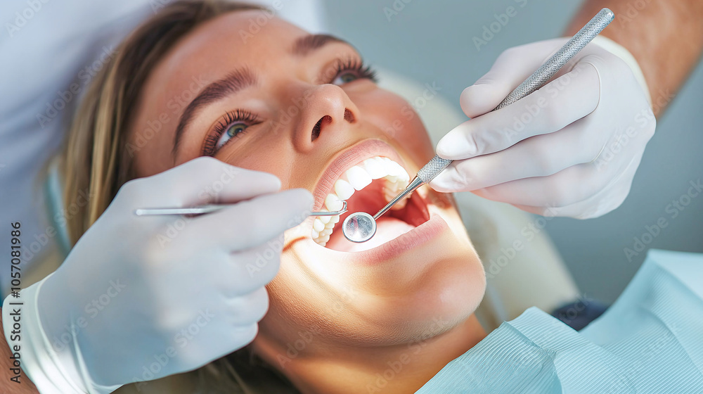 Patient reclining in dental chair during routine check up, smiling as dentist examines her teeth with tools. atmosphere is calm and professional Patient reclining in dental chair during routine check up, smiling as dentist examines her teeth with tools. atmosphere is calm and professional