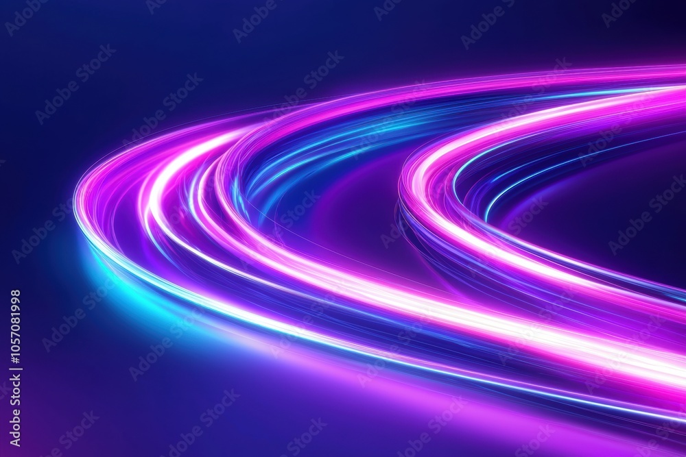 A vibrant, abstract swirl of neon lights in blue and pink hues against a dark background, creating a dynamic, energetic visual effect.