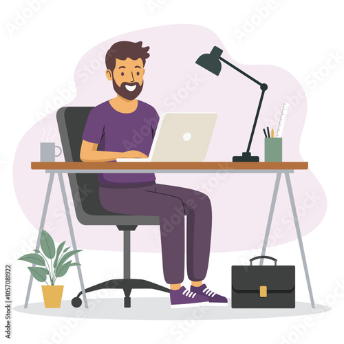 Smiling man at desk with laptop, cup of coffee, and office supplies, enjoying a relaxed work environment.