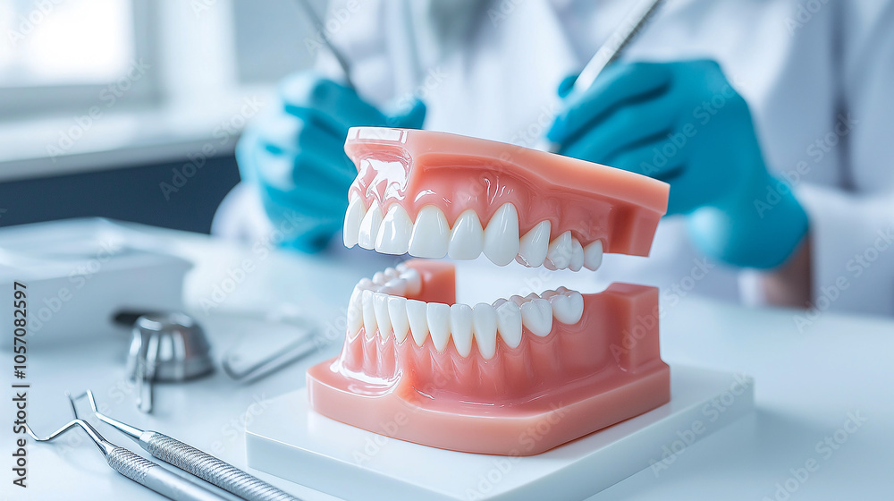 Close up of dental model with realistic teeth, showcasing dental tools and dentist in background. This highlights dental care and oral hygiene practices Close up of dental model with realistic teeth, showcasing dental tools and dentist in background. This highlights dental care and oral hygiene practices
