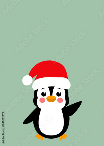 Tiempo de Navidad. Banner vertical con pingüino alegre con sombrero de Santa Claus saludando para tarjetas y felicitaciones