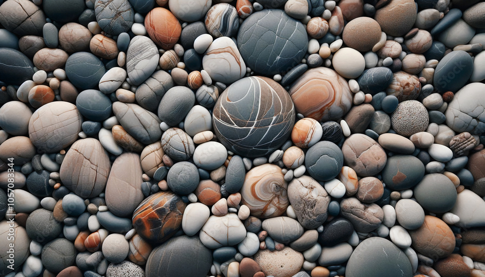 A collection of smooth, rounded pebbles in varied colors and patterns, evoking balance and natural beauty A collection of smooth, rounded pebbles in varied colors and patterns, evoking balance and natural beauty