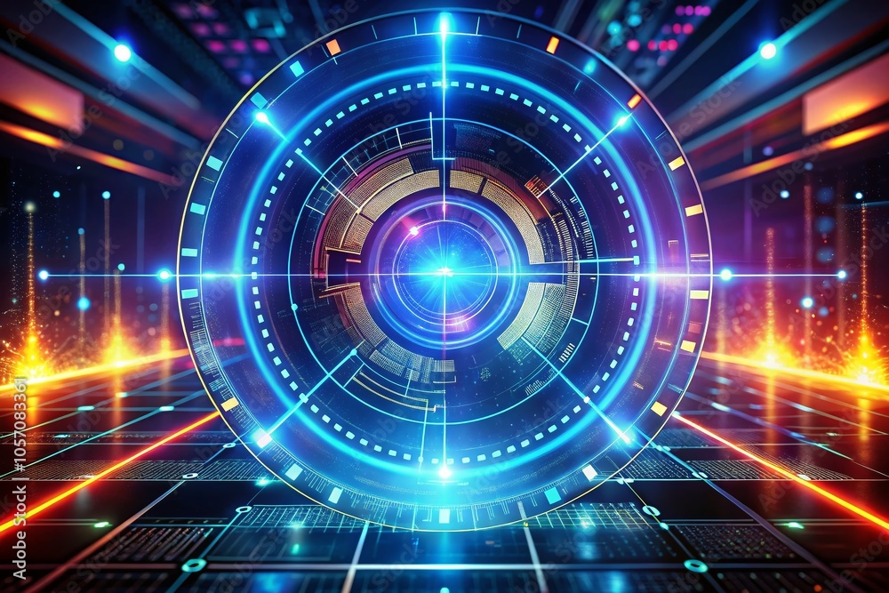Futuristic User Interface HUD with Digital Crosshair for Target Scanning in a Sci-Fi Environment Futuristic User Interface HUD with Digital Crosshair for Target Scanning in a Sci-Fi Environment
