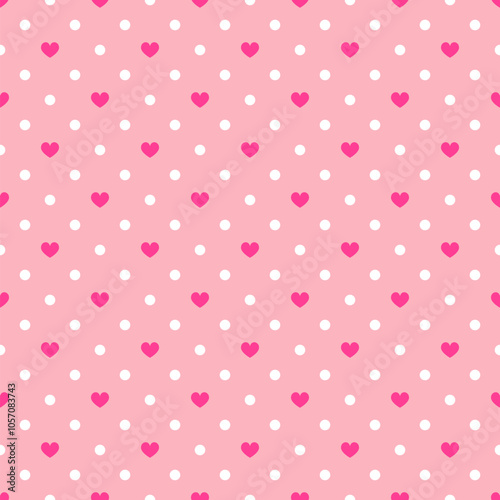 Cute pink heart seamless pattern. Vector love hearts and white dots texture on soft pink background. Valentines day wallpaper, trendy abstract minimal design for fashion print, fabric, textile, decor.