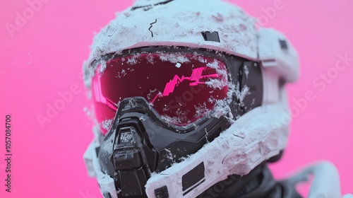 Futuristic Astronaut Helmet Close Up with Pink Visor and Snow photo