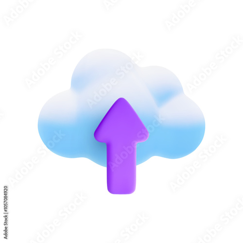 Vector cartoon 3d cloud computing icon. Realistic render of cloud and violet upload or download arrow. Data storage concept, cloud technology online service sign, server connection symbol.