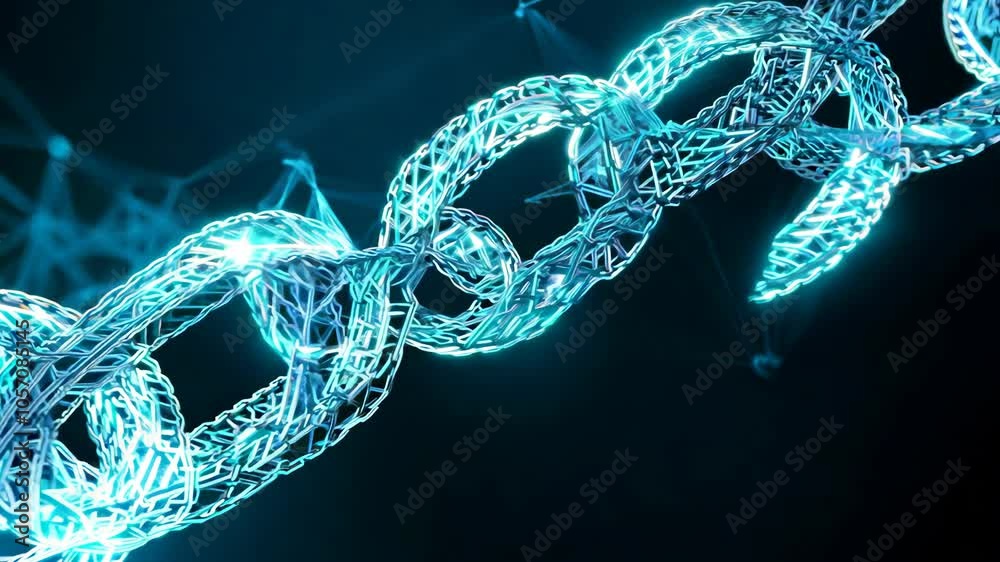 Abstract blue chain with glowing particles, dark background, connected network.