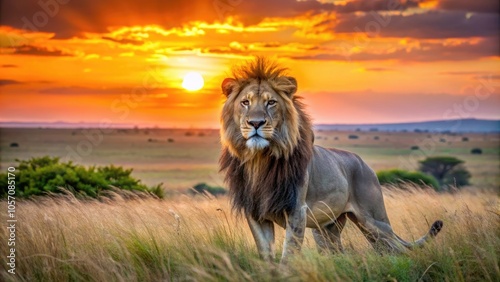 Lion standing in tall grass during sunset, showcasing its powerful presence against a vibrant sky and peaceful savanna landscape.