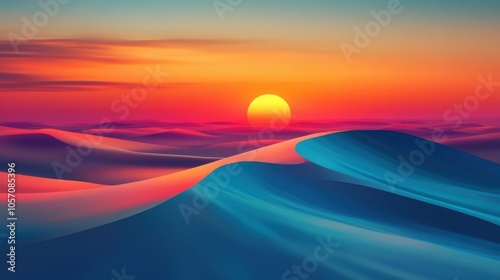 Desert landscape scene, featuring sand dunes with a setting sun in the background, colorful vector