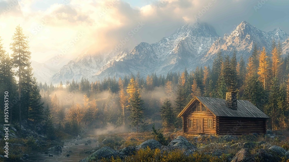 Remote mountain cabin in the rockies morning