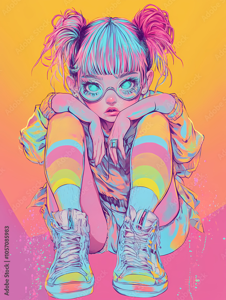 Mystical Yokai Chibi in Solarpunk and Synthwave Style: Anime Illustration Mystical Yokai Chibi in Solarpunk and Synthwave Style: Anime Illustration