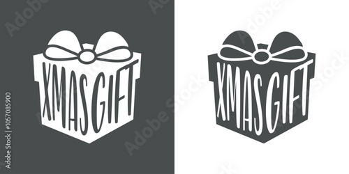 Tiempo de Navidad. Logo con mensaje en texto manuscrito Xmas Gift en silueta de caja de regalo con lazo de cinta en perspectiva 