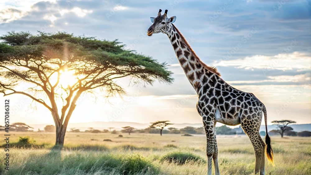 Obraz premium Giraffe standing gracefully in an open savanna landscape, basking in the warm glow of the setting sun with a backdrop of acacia trees.
