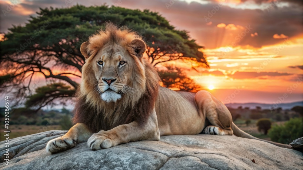 Lion resting on a rock at sunset, showcasing its vibrant mane against a beautiful African landscape with a tree and colorful sky. Lion resting on a rock at sunset, showcasing its vibrant mane against a beautiful African landscape with a tree and colorful sky.