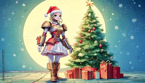 Humanoid robot, robot girl in steampunk outfit wishes merry christmas and happy new year in greeting card photo