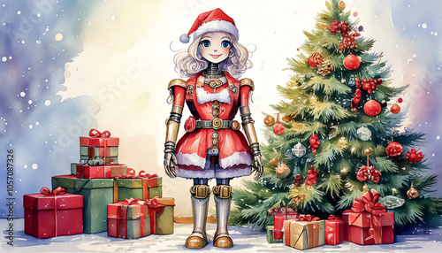 Humanoid robot, robot girl in steampunk outfit wishes merry christmas and happy new year in greeting card photo