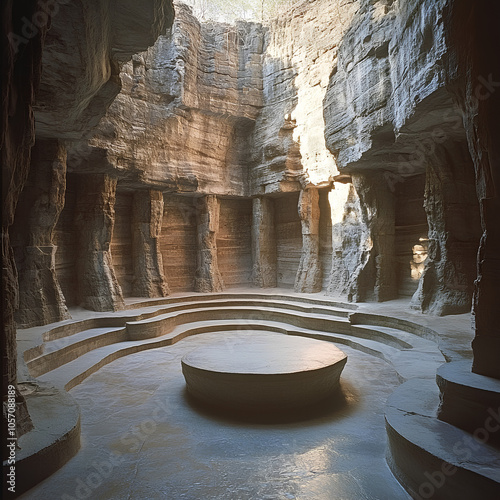 Ancient Stone Chamber with Circular Stone Platform and Seating, India photo