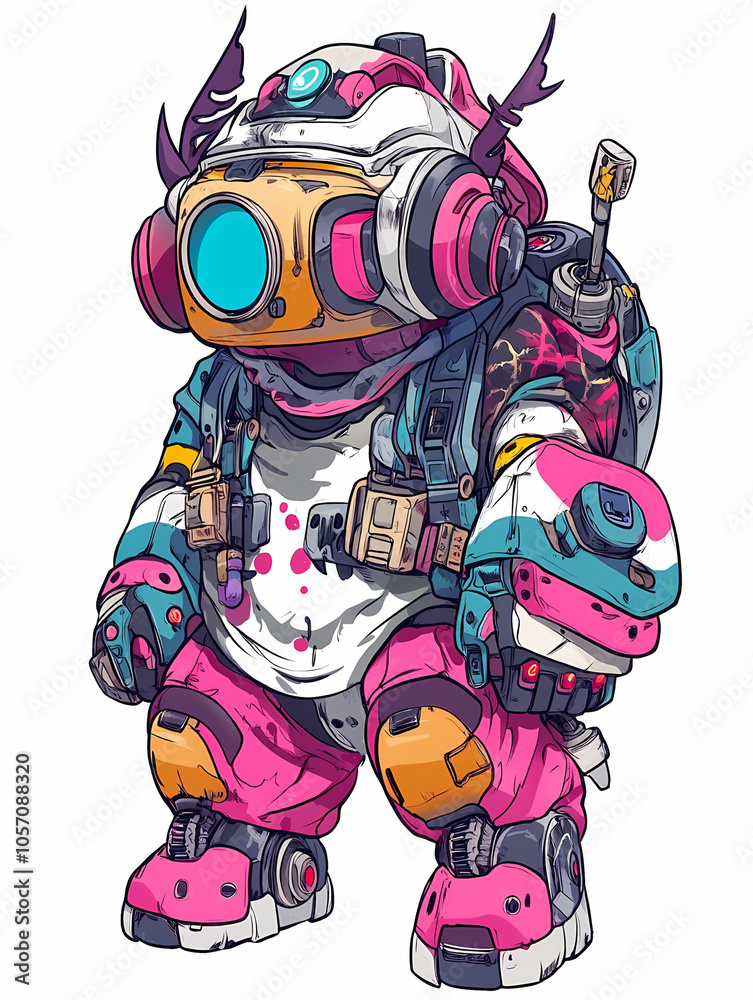 Fototapeta premium Mystical Yokai Chibi in Solarpunk and Synthwave Style: Anime Illustration