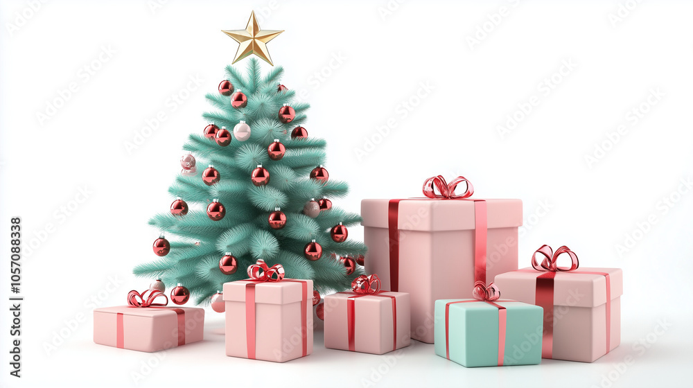 3D Christmas tree with gifts, pastel colors on a white background 3D Christmas tree with gifts, pastel colors on a white background