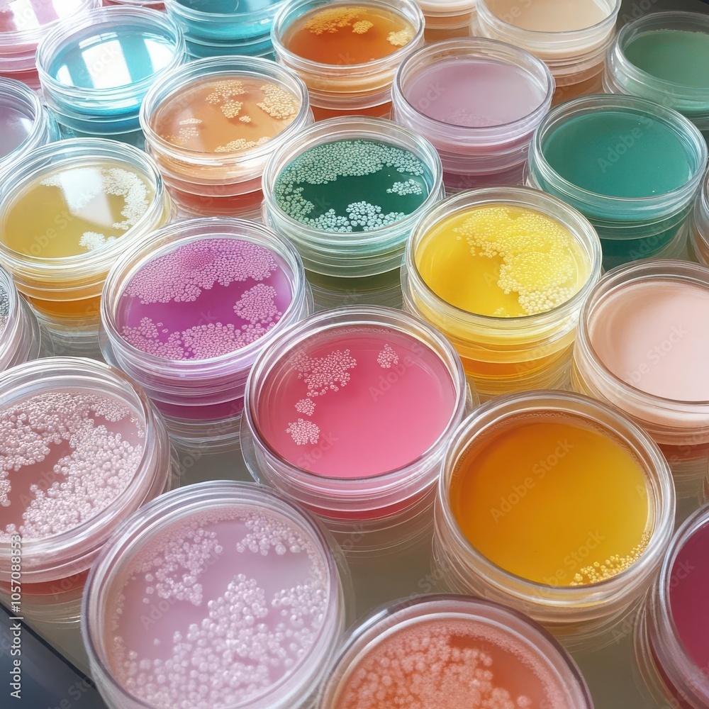 1960s science lab aesthetic, bacteria cultures in classic glass Petri dishes, vibrant colonies in oldschool pastel tones, scientific labels visible 1960s science lab aesthetic, bacteria cultures in classic glass Petri dishes, vibrant colonies in oldschool pastel tones, scientific labels visible