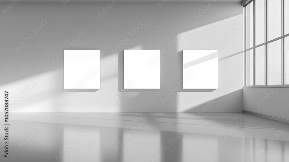 Fototapeta premium A minimalistic gallery space featuring three blank frames on a white wall, illuminated by natural light streaming through large windows.