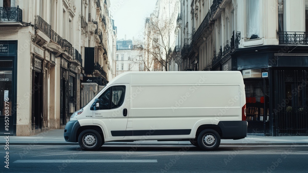A white van parked on a city street, surrounded by elegant buildings, showcasing urban architecture and vehicular transport. A white van parked on a city street, surrounded by elegant buildings, showcasing urban architecture and vehicular transport.