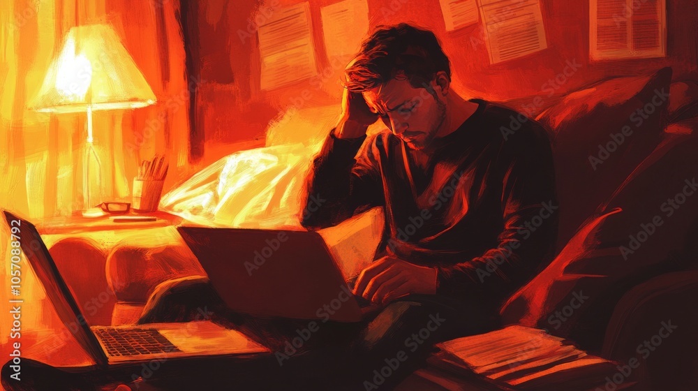 A man working on a laptop in a warmly lit, cozy environment.
