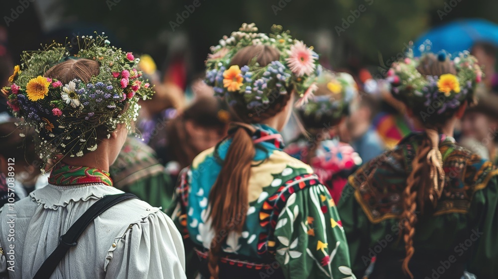 Fototapeta premium People wearing traditional costumes at a folk music festival in Europe