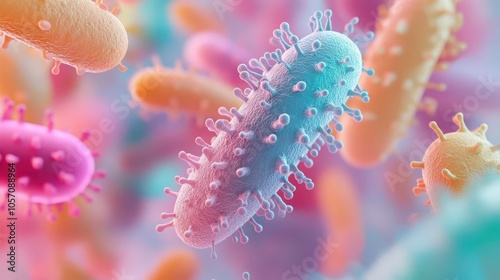 1970sstyle science illustration of 3D bacteria, with spirilla and bacilli shapes, rendered in pastel hues with retro wireframe backgrounds and textures photo
