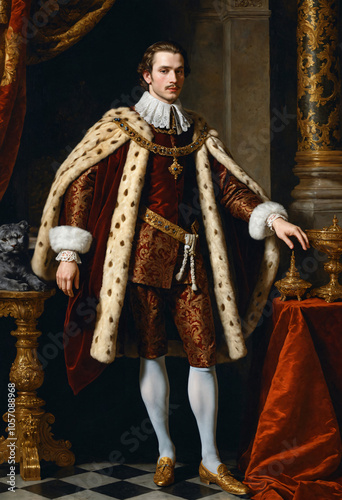 Renaissance-style painting portrait of a young king in noble background, Generative AI	
