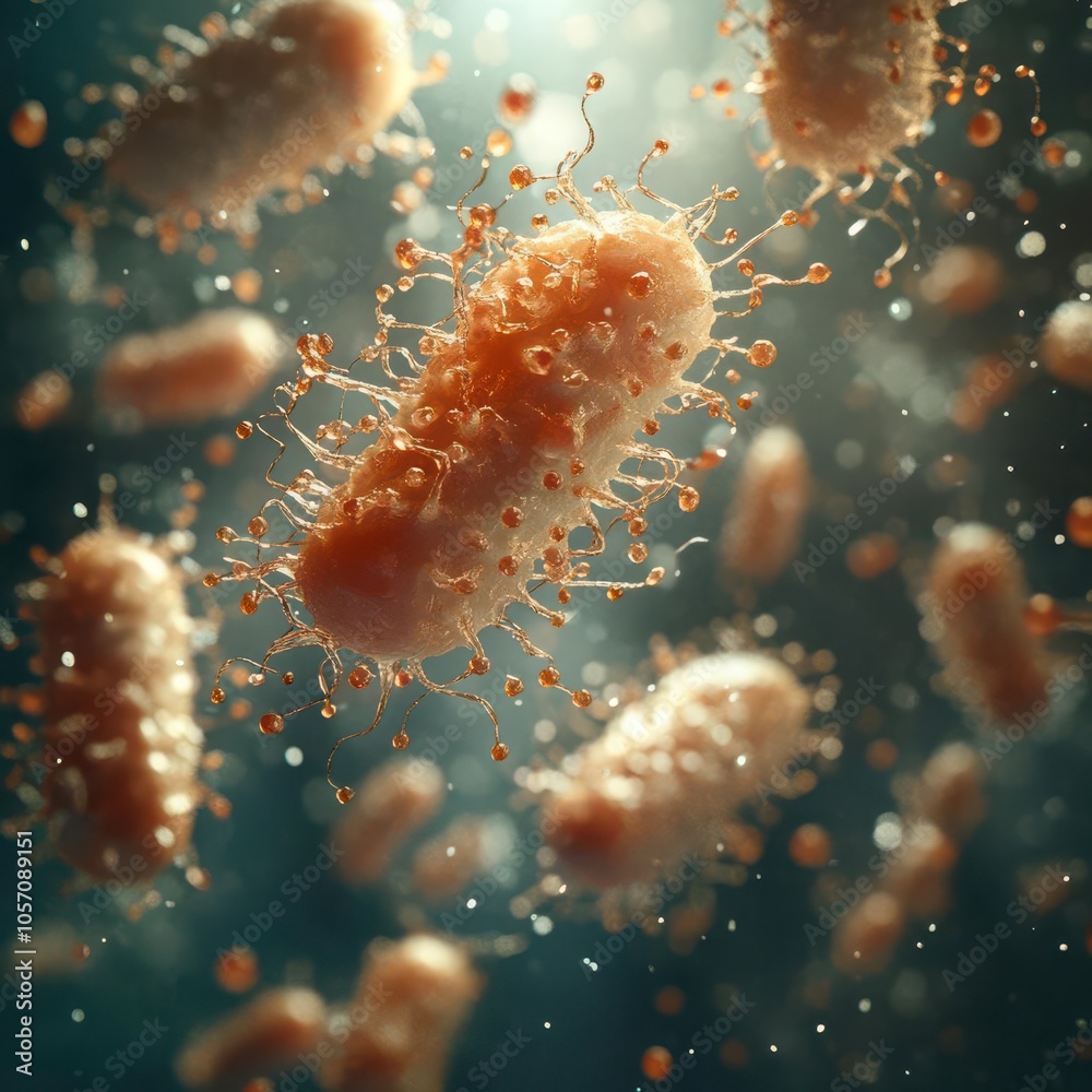 Nostalgic 3D bacteria render, cocci and bacilli floating in a sepiatoned lab, soft lighting and vintage glassy textures, evoking classic scientific diagrams Nostalgic 3D bacteria render, cocci and bacilli floating in a sepiatoned lab, soft lighting and vintage glassy textures, evoking classic scientific diagrams