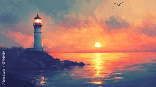 A serene sunset view featuring a lighthouse by the water.