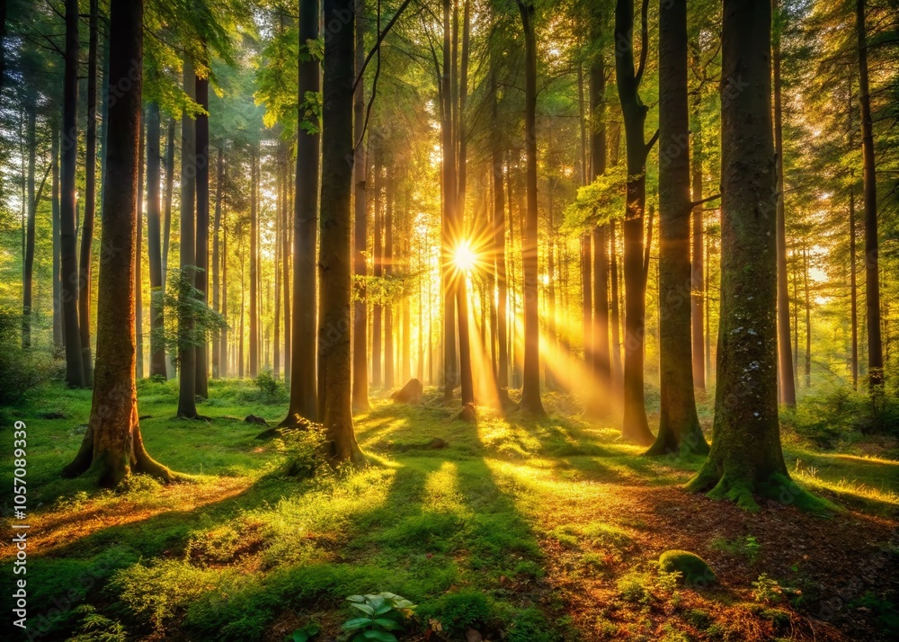 Fototapeta premium Golden Rays Illuminating Forest Architecture - Nature's Design in Light and Shadow