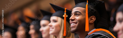 A group of students wearing graduation caps and gowns sit together, excitedly smiling during a ceremony at a university, celebrating the achievement of their degrees photo